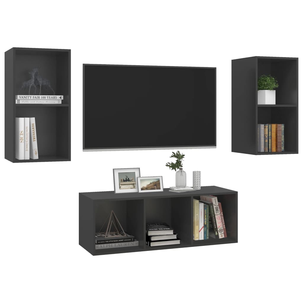 NNEVL 3 Piece TV Cabinet Set Grey Chipboard-2